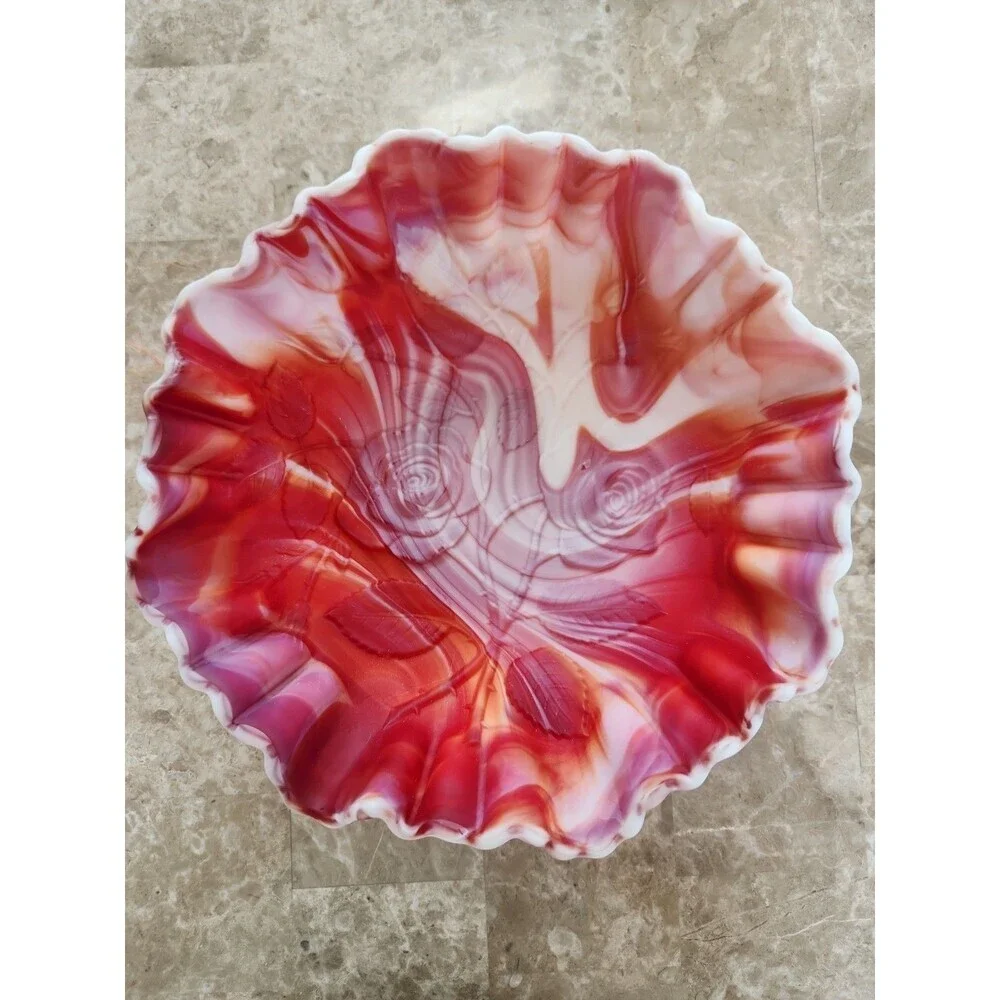 Vintage Imperial Red/orange/white Slag Glass Ruffled Dish With Embossed...